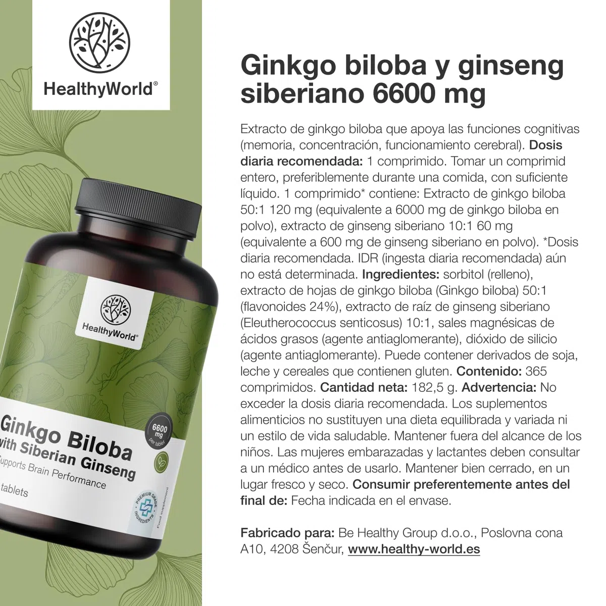 HealthyWorld Ginkgo Biloba con ginseng siberiano 6600 mg - Apoyo a la función cognitiva - 365 comprimidos para un suministro de 1 año - Extracto de Ginkgo 50:1 (120 mg) y 10:1 (60 mg)
