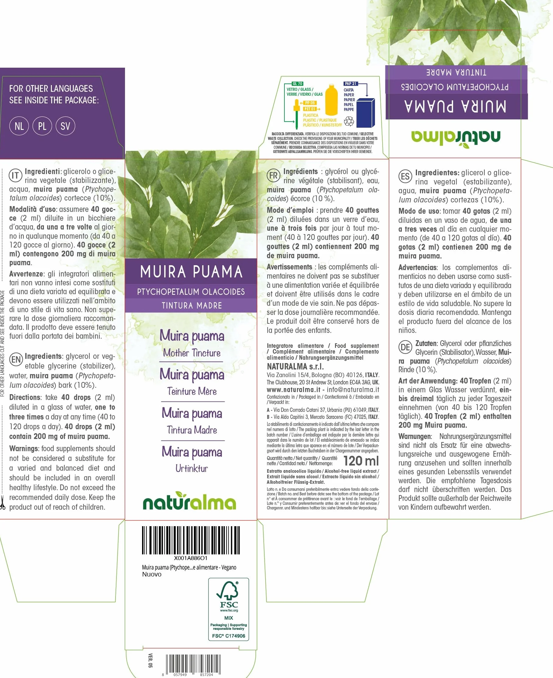 Muira puama (Ptychopetalum olacoides) cortezas Tintura Madre sin alcohol Naturalma - Extracto líquido gotas 120 ml - Complemento alimenticio - Vegano