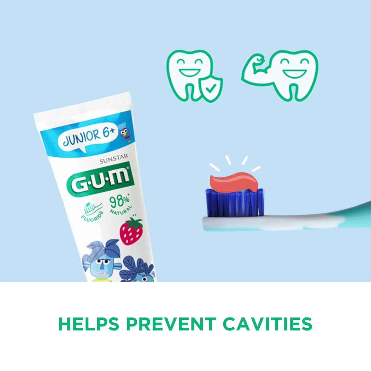 GUM Cepillo de dientes junior para niños de 6 a 9 años, cabeza acolchada, cerdas suaves, mango de agarre antideslizante, ventosa, 1 pieza, 4 x 1 pieza (con 1 muestra adicional)