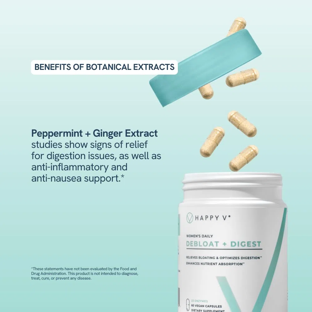 Happy V Debloat + Digest - Enzimas digestivas para mujeres que promueven la hinchazón, los gases, el estreñimiento, la salud intestinal y la absorción de nutrientes - Stomach Comfort & Digestos