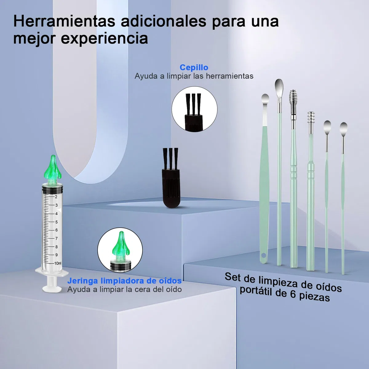 Kit inalámbrico de limpieza de oídos, limpiador de oídos con otoscopio con cámara HD, carga USB, kit de limpieza visual de oídos con 6 LED para el cuidado familiar