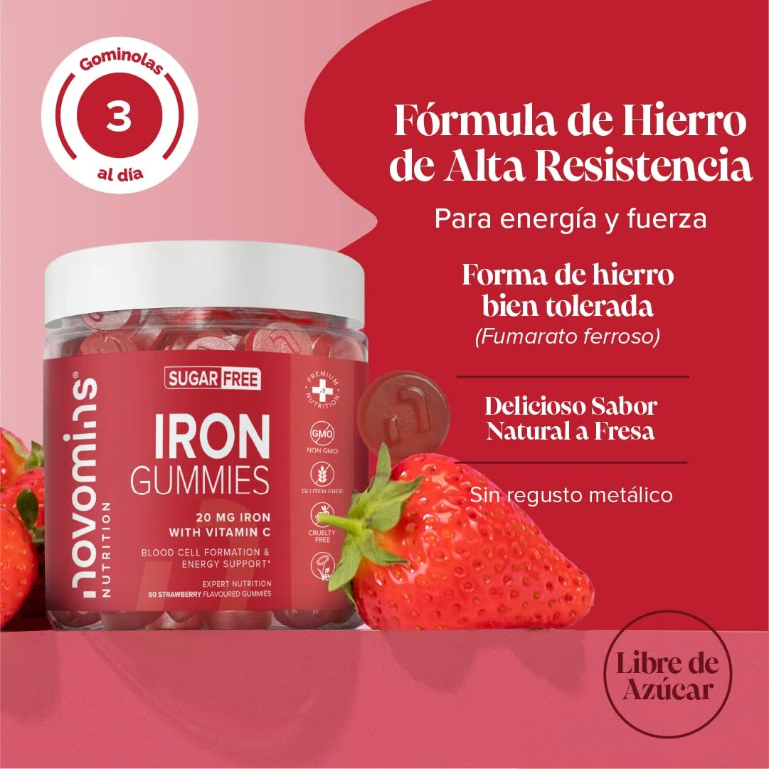 Hierro Suplemento 20 mg - Sin Azúcar - 60 Gominolas de Hierro y Vitamina C 24 mg - Vegano y Sin Gluten - para Energía y Sistema Inmunológico - para 1 Mes - Novomins