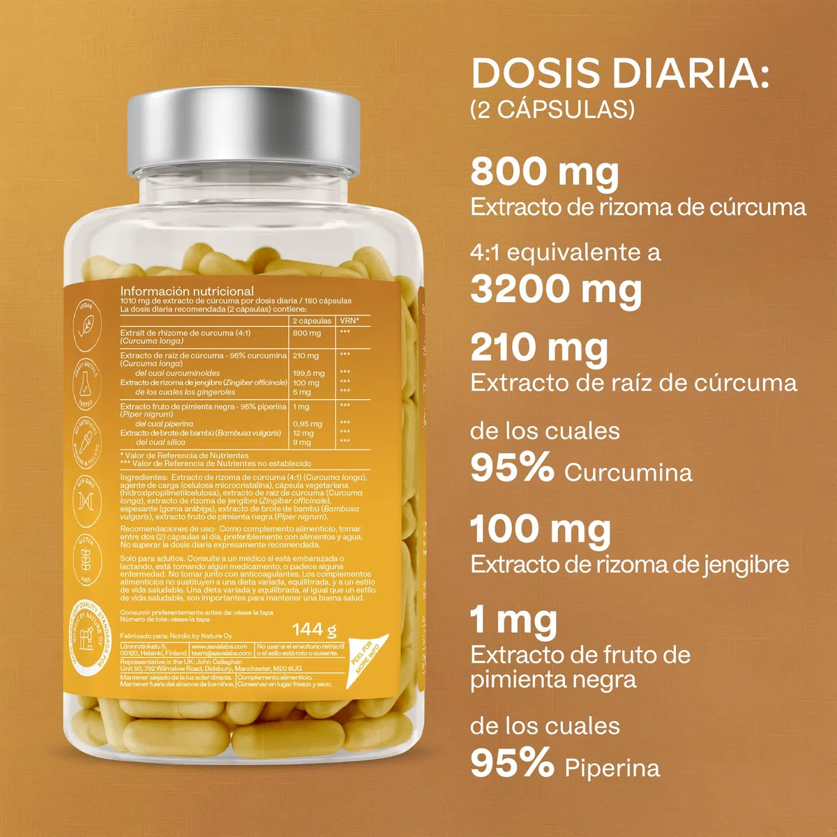 Curcuma con Jengibre y Pimienta Negra - 95% Curcumina - 180 Capsulas - 2 Curcuma con Pimienta Negra y Jengibre en Capsulas al día - 100% Veganas Turmeric