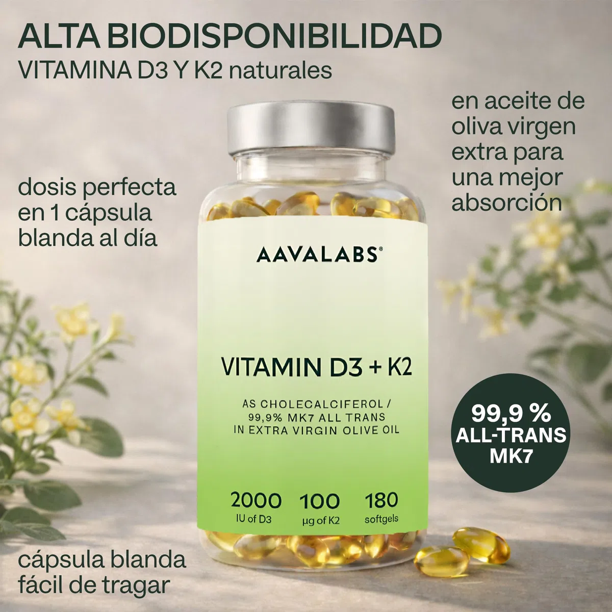 Vitamina D3 y K2 con Aceite de Oliva Virgen Extra para una Absorción Óptima (2.000 UI Vitamina D + 100 μg Vitamina K2 MK7) – 180 Cápsulas Concentradas de Vitamina D3 K2 sin OGM, Gluten o Lactosa