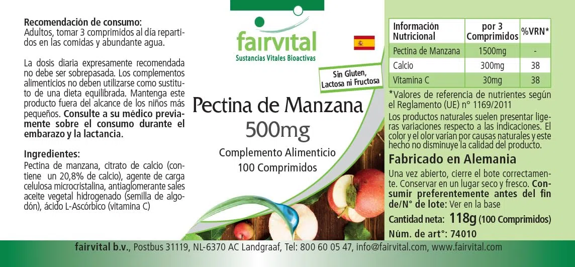 fairvital Pectina de manzana 500mg comprimidos, 100 comprimidos, con fibra soluble, calcio y vitamina C, VEGANO