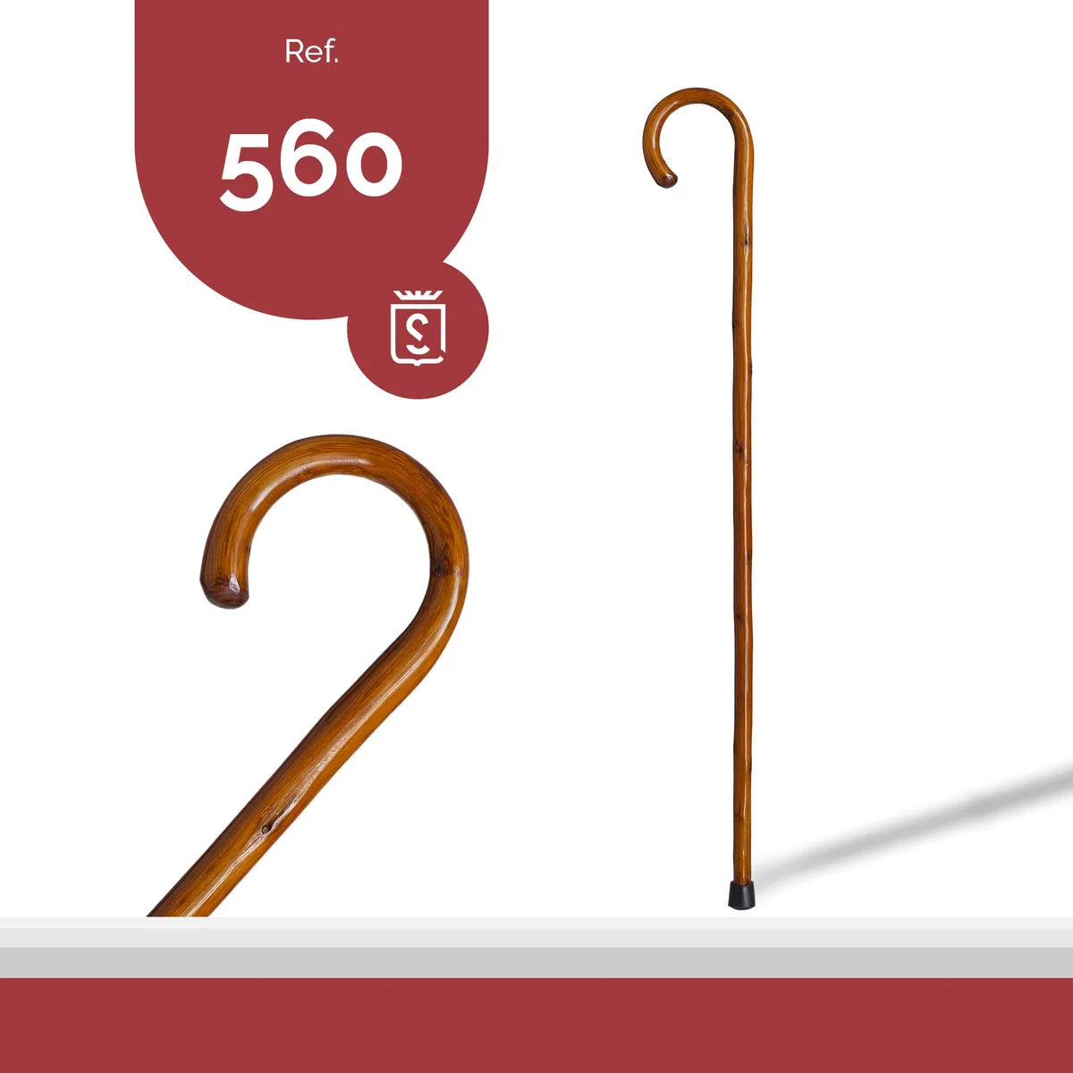 Bastón de Apoyo Caminar Madera Castaño 92cm con Mango Curvo y contera de Goma, Baton para Personas Mayores (560)