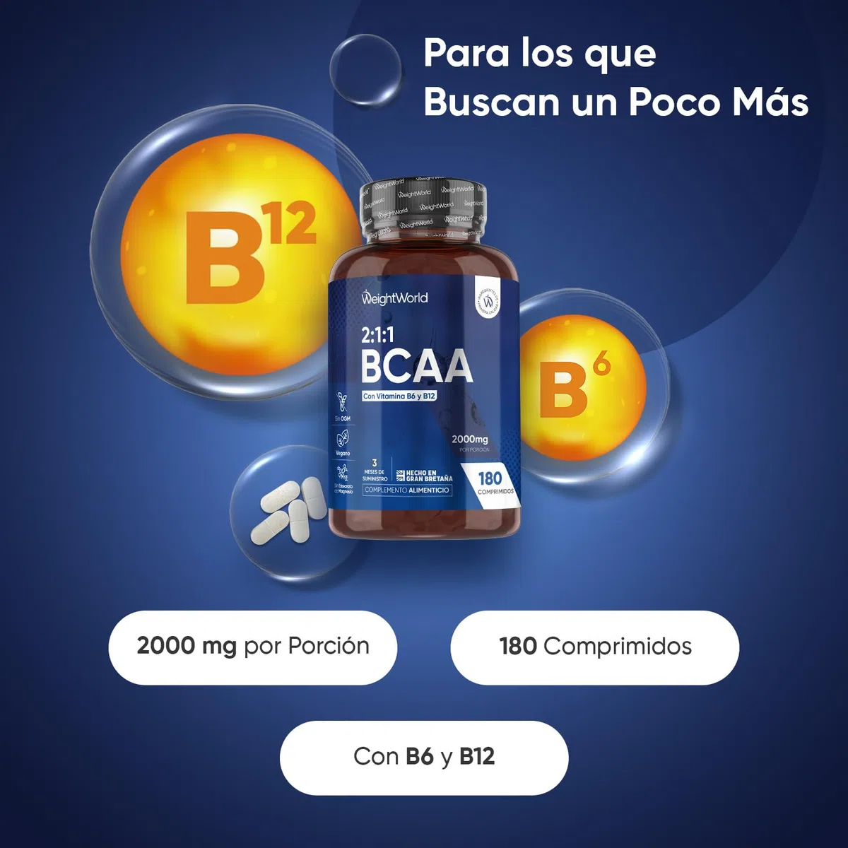 BCAA 2:1:1 Aminoácidos Esenciales 2000mg-180 Comprimidos- Con Vitamina B12, B6 y Aminoácidos Ramificados L- Leucina,L- Isoleucina y L-Valina-Aptos para Veganos,Sin Estearato de Magnesio y para 3 Meses
