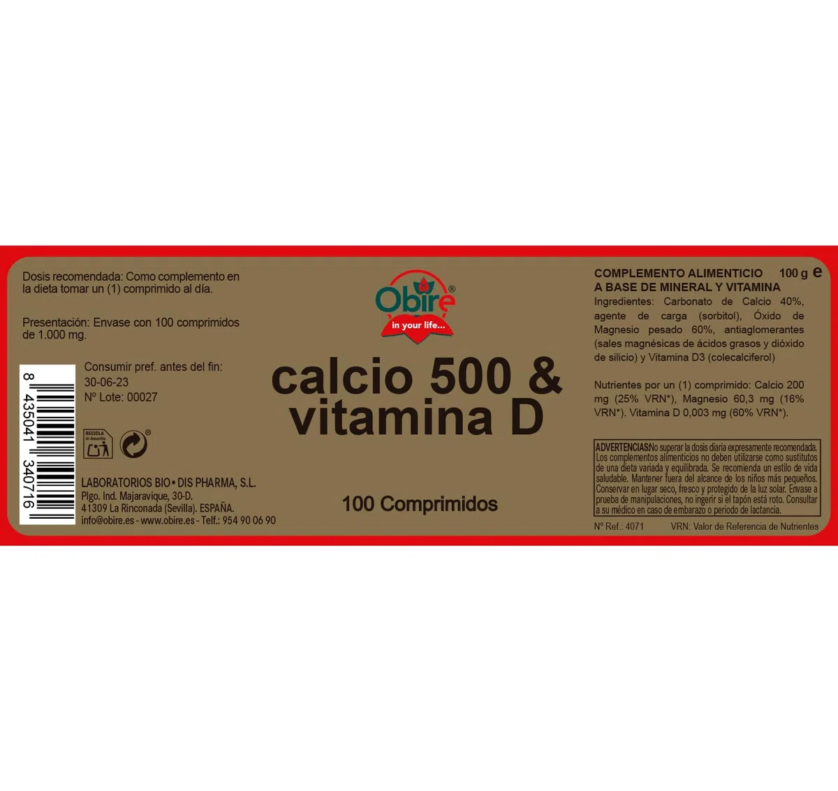 Obire - Calcio 500 y Vitamina D - Pack 2 Unidades - 100 Perlas - El Calcio Favorece la Salud de los Huesos - Ayuda a la Correcta Función Cognitiva