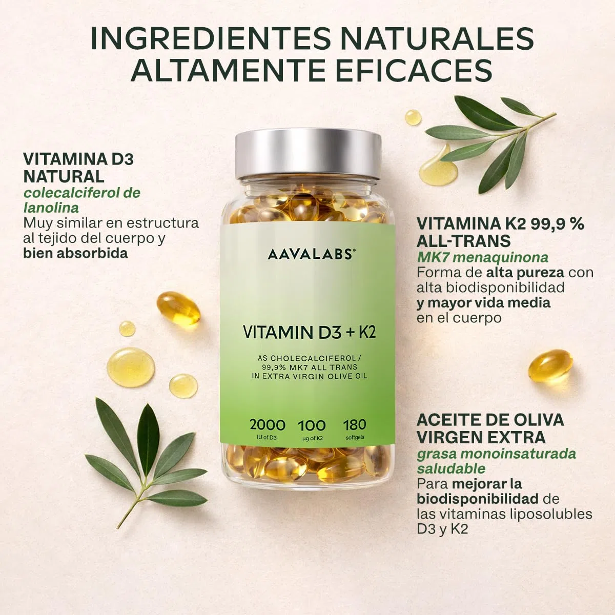Vitamina D3 y K2 con Aceite de Oliva Virgen Extra para una Absorción Óptima (2.000 UI Vitamina D + 100 μg Vitamina K2 MK7) – 180 Cápsulas Concentradas de Vitamina D3 K2 sin OGM, Gluten o Lactosa