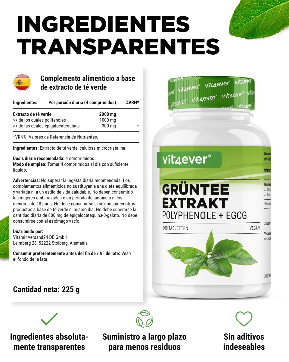 Extracto de Té Verde 300 Comprimidos dosis alta - 2000mg Extracto, 300mg EGCG & 1100mg Polifenoles por dosis diaria - Vegano