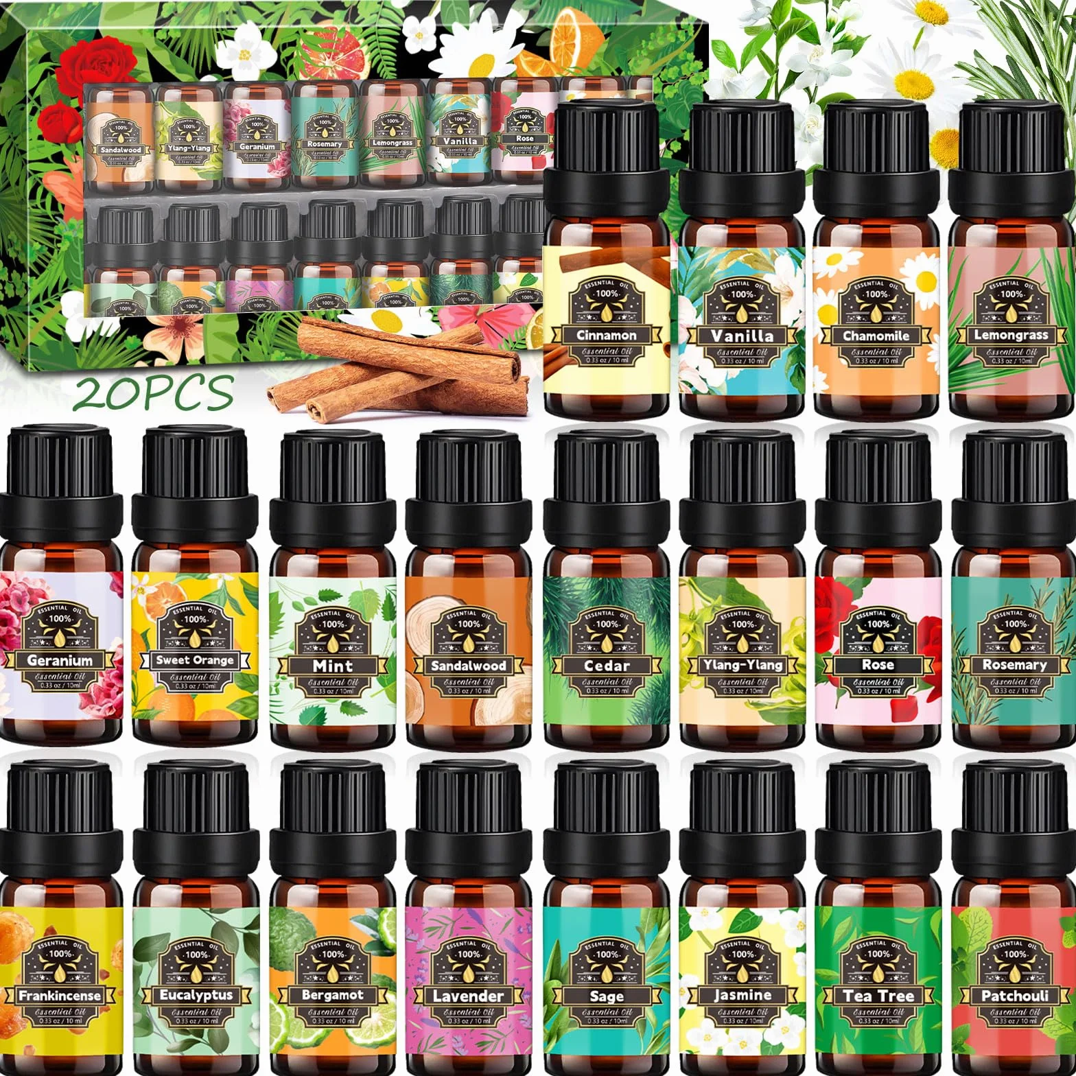 Set de Aceites Esenciales para Humidificador 20 x 10ml, Natural Aromaterapia, Aromaterapia Aceite Aromático para Difusor, SPA, Masajes, Bricolaje Casero - Eucalipto,Naranja Dulce,Vainilla