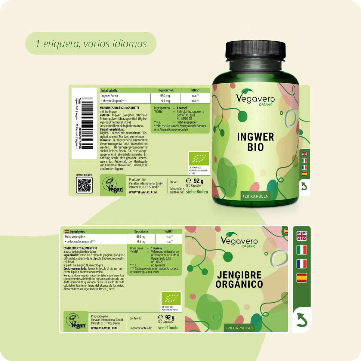 Jengibre BIO | Ginger ORGÁNICO | 120 Cápsulas | 650 mg por Cápsula | Náusea + Digestión + Dolor Menstrual | Sin Aditivos | Vegavero
