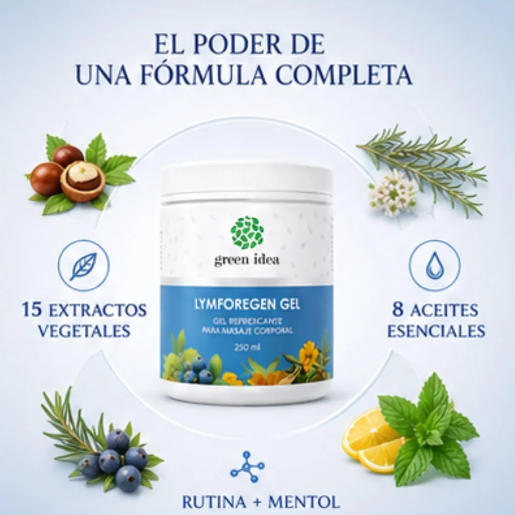 Green idea Lymforegen Gel para Piernas Cansadas y Pesadas – Gel Refrescante para Masaje Corporal con 15 Extractos Vegetales, Aceites Esenciales, Mentol y Rutina – 250 ml
