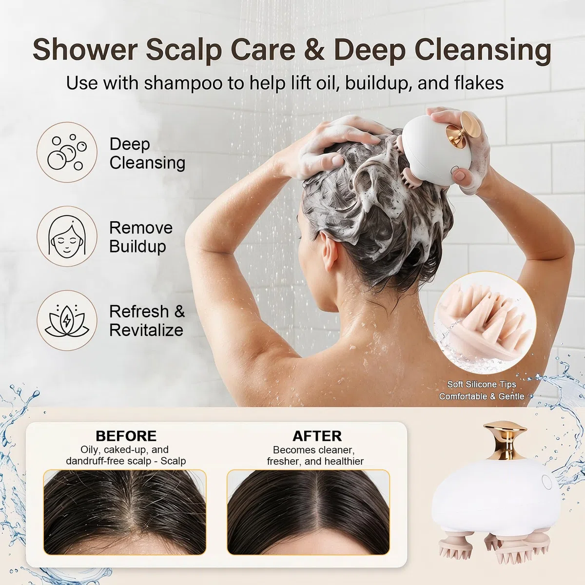 TeSabMi Masajeador de cuero cabelludo, masajeador de cabeza, diseño resistente a los enredos, 3 velocidades de masaje, masajeador de cabeza portátil, masajeador de cabello impermeable, regalo para