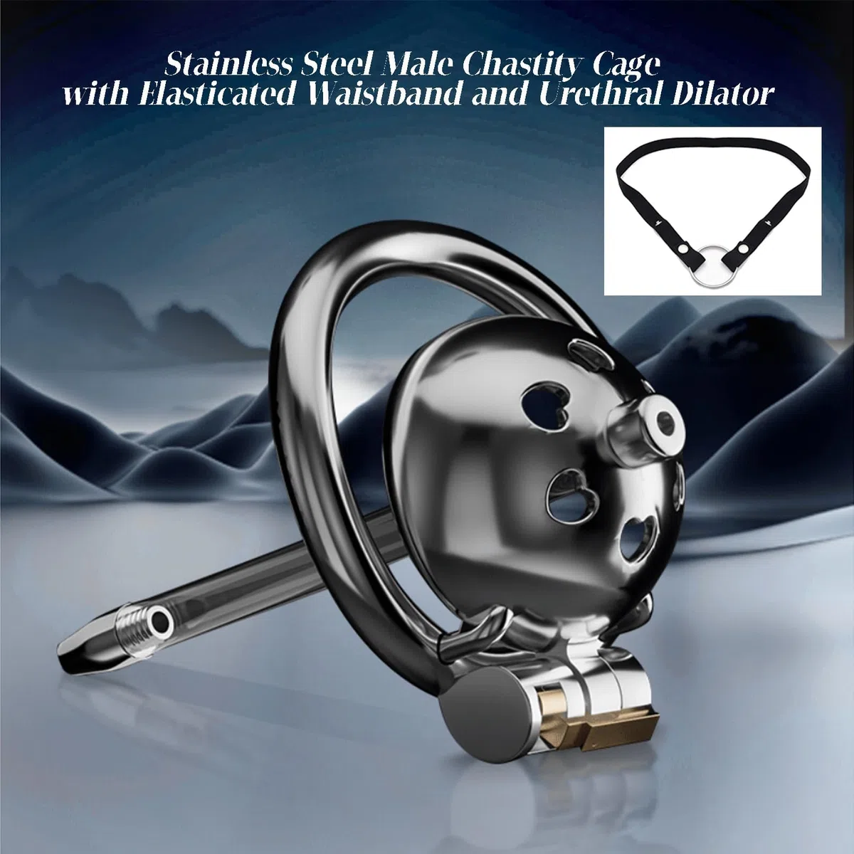 Jaula de castidad hombres de acero inoxidable con ventilación del corazón tubo de silicona extraíble correa ajustable jaula de castidad hombres juguetes sexuales (40mm)