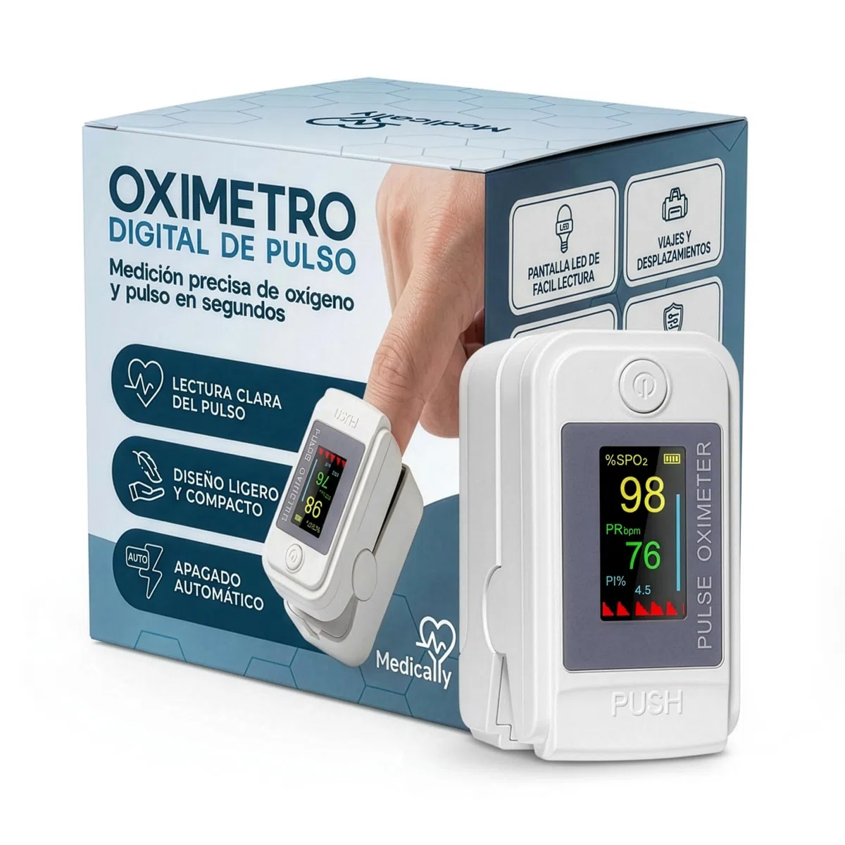 Oximetro Dedo Profesional con Pantalla OLED - Pulxiosimetro Medidor de Saturacion de Oxigeno en Sangre y Frecuencia Cardiaca - Ligero y Portatil.