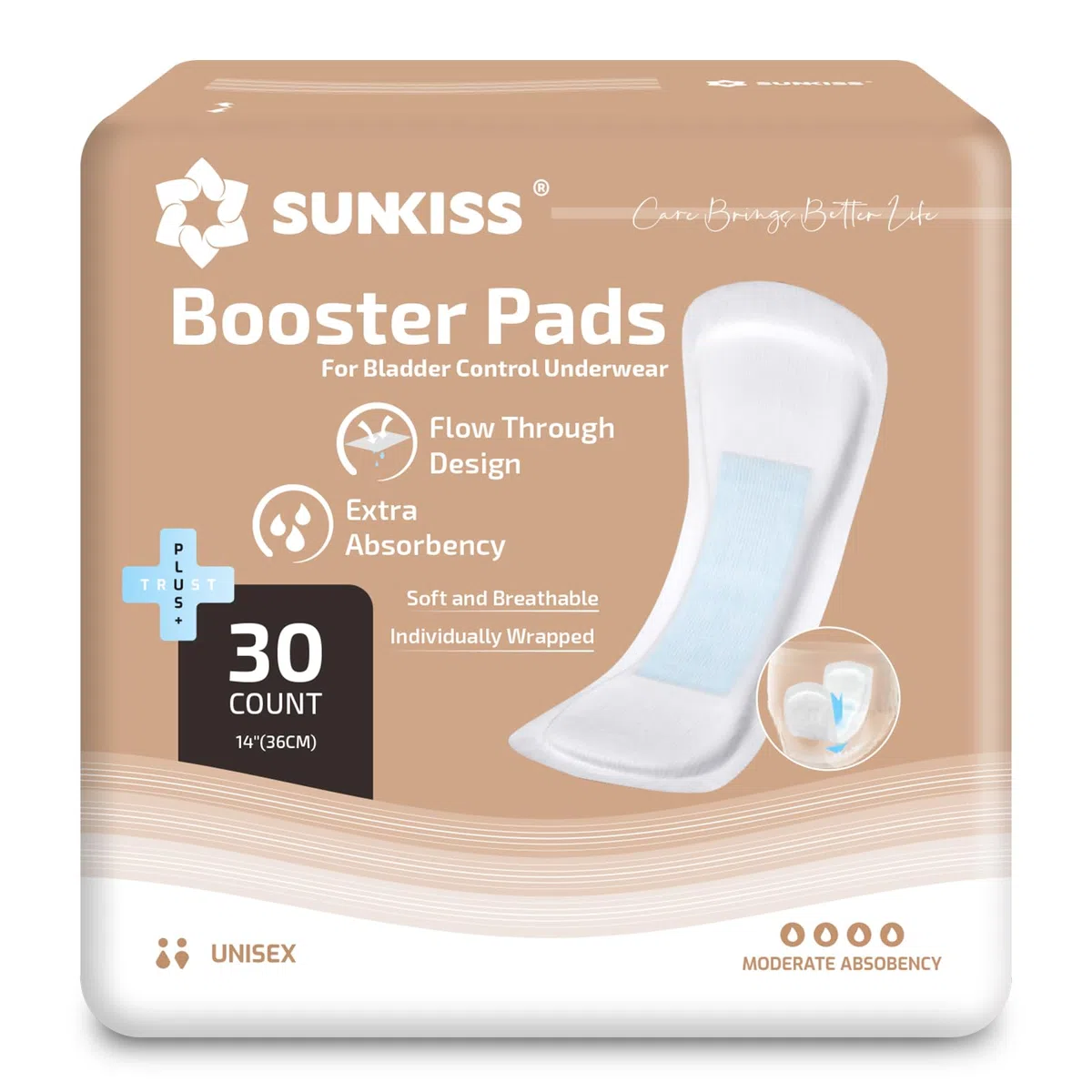 SUNKISS Trustplus Compresas para Incontinencia Adulto 36cm Alta Absorción para Pérdidas Moderadas a Intensas Sin Fragancia Protectores Complementarios Control de Olores 30 Unidades