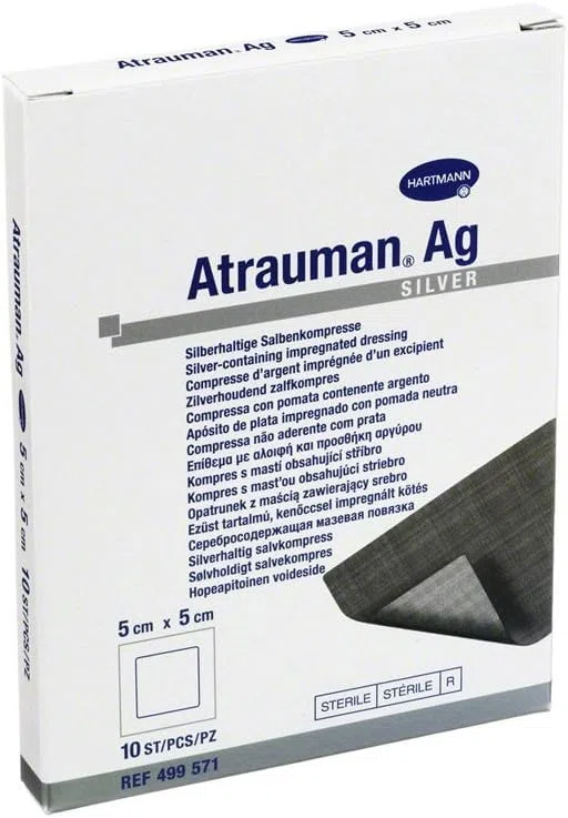 Gasa de tela impregnada de un ungüento que contiene plata, 5 x 5 cm, 10 unidades