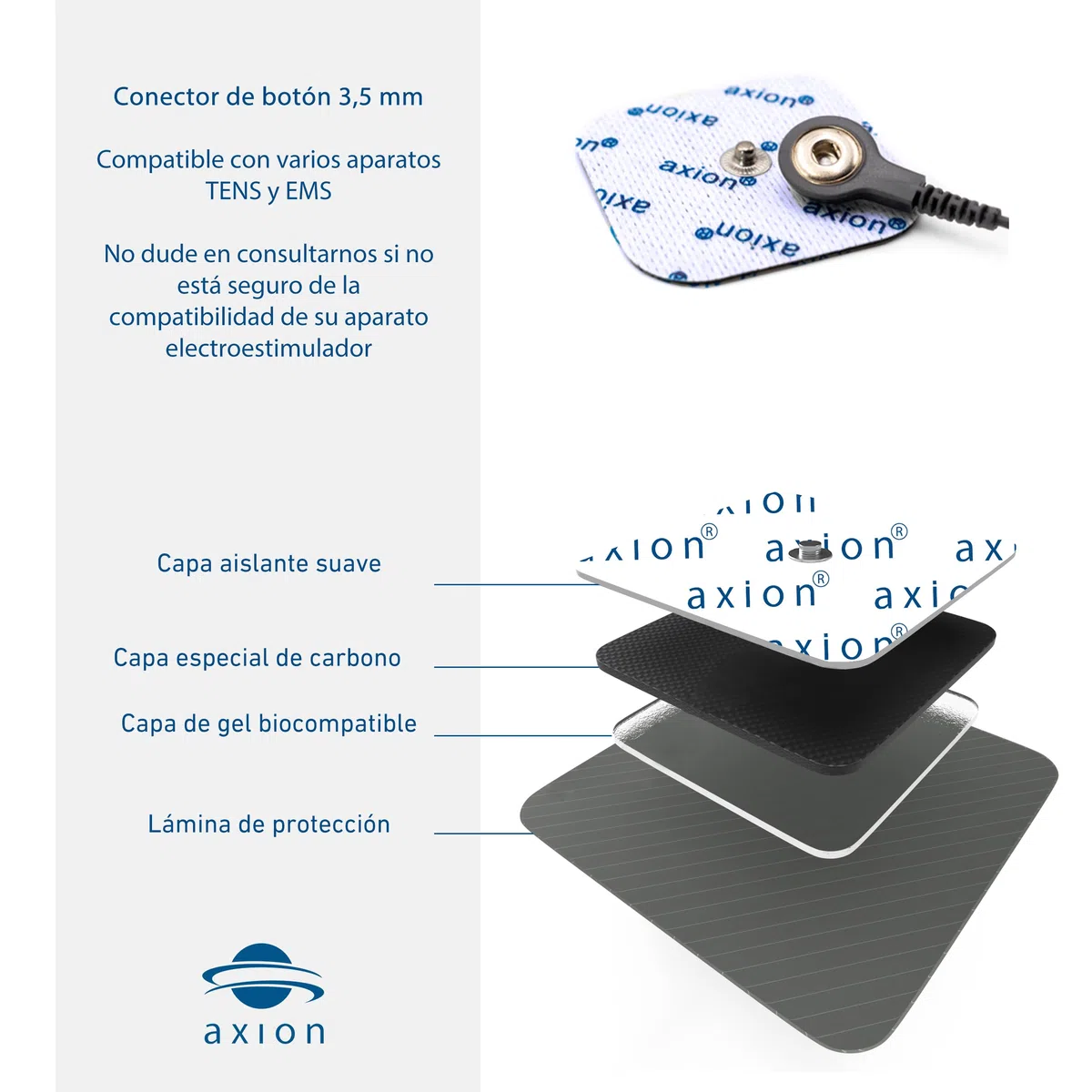 20 electrodos axion de 5x5 cm | Compatibles con Beurer y otros electroestimuladores TENS y EMS | Reutilizables y autoadhesivos con conector botón de 3,5 mm