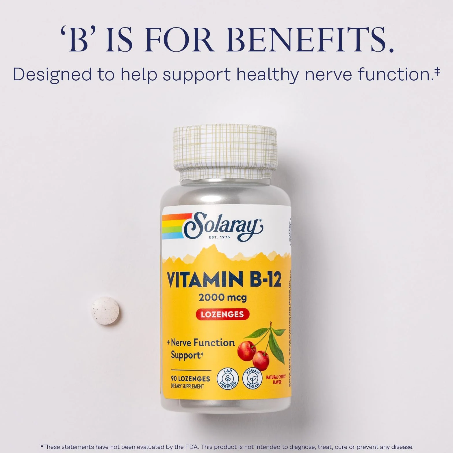SOLARAY Vitamina B-12 2000mcg | Sabor a cereza natural sin azúcar | Energía saludable y soporte de glóbulos rojos | Sin Gluten | Apto Para Veganos | 90 Lozenges