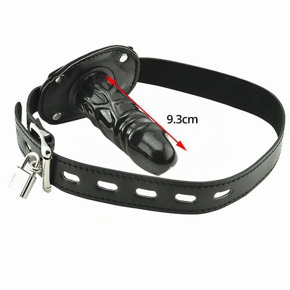 Mordaza con consolador y cierre con candado de SXOVO, color negro, para fetichismo, bondage Penis Gag Restricción (Largo 10 cm)