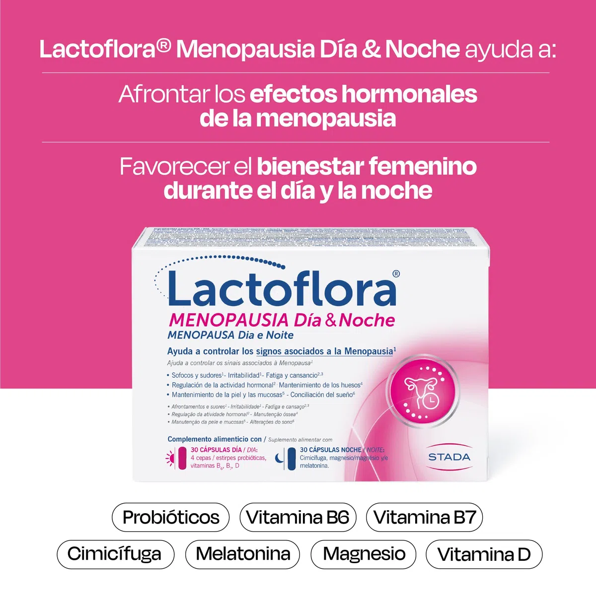 Lactoflora Menopausia Día y Noche, Control de sofocos y sueño, Fórmula con Cimicífuga, Probióticos y Melatonina para menopausia y perimenopausia, 60 cápsulas