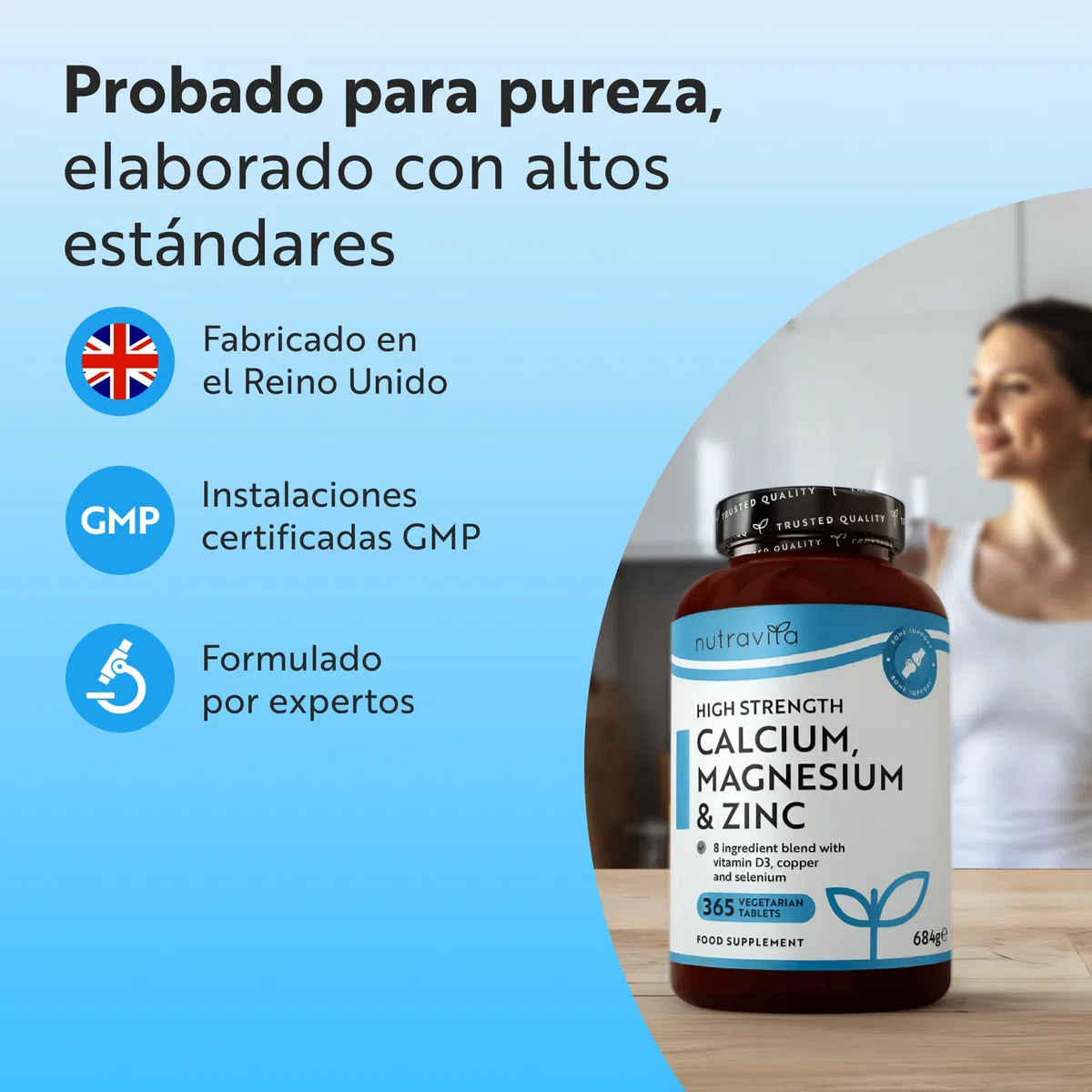 Nutravita Calcio 800mg, Magnesio 360mg, Zinc y Vit D - 365 Tabletas Vegetarianas (6 Meses) - Mantenimiento de Huesos, sistema inmunológico, función muscular normal y fatiga reducida - Hecho en Europe