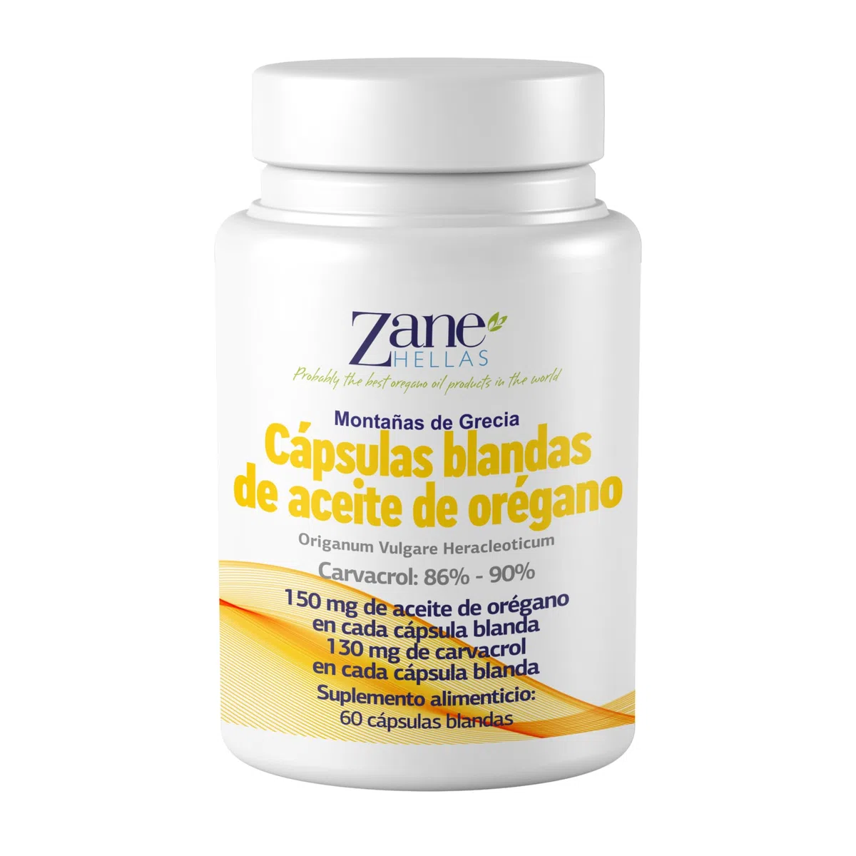 Zane Hellas Oregano Oil Softgels. La mayor concentración del mundo. Cada cápsula contiene un 30% de aceite esencial de orégano griego puro. 130 mg de Carvacrol por cápsula. 60 cápsulas.