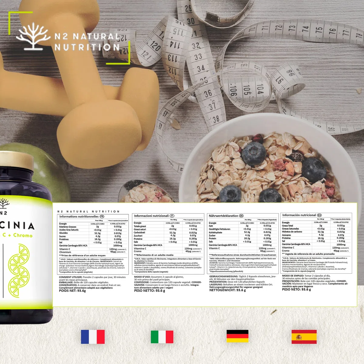 Garcinia Cambogia 60% HCA + Vitamina C y Cromo. Suplemento Natural para Adelgazar y Controlar el Apetito. 120 Cápsulas veganas. N2 Natural Nutrition