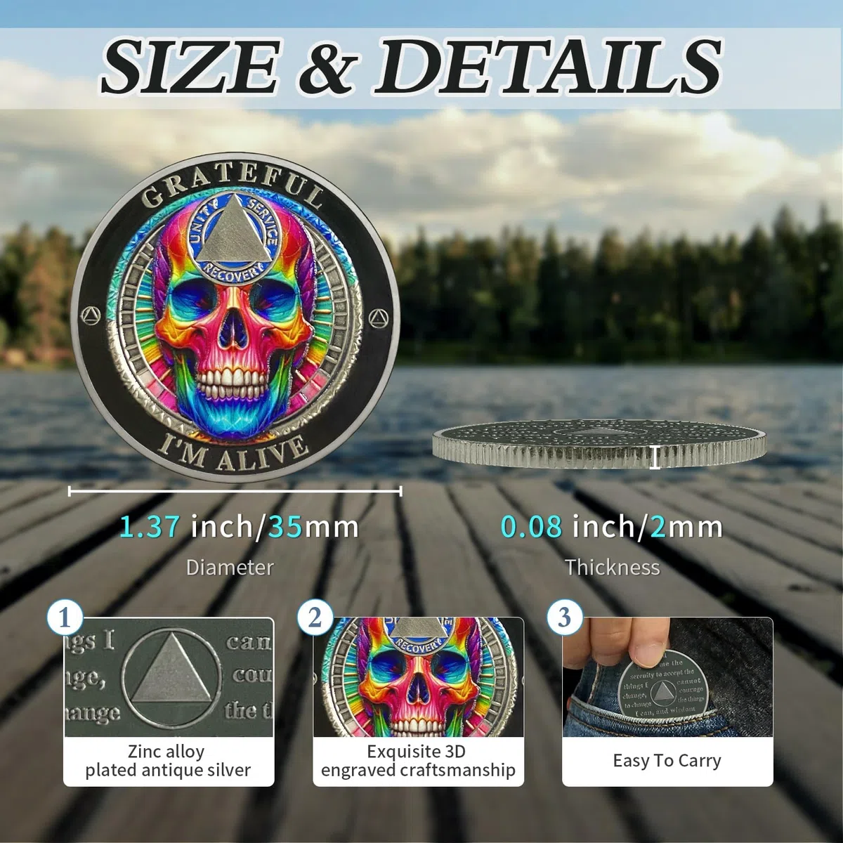 AtSKnSK Calavera colorida moneda sobriedad Grateful I'm Alive AA Moneda Recuperación AA HA NA Chips Medallones de sobriedad Token Regalos de Alcohólicos Anónimos para Hombres y Mujeres