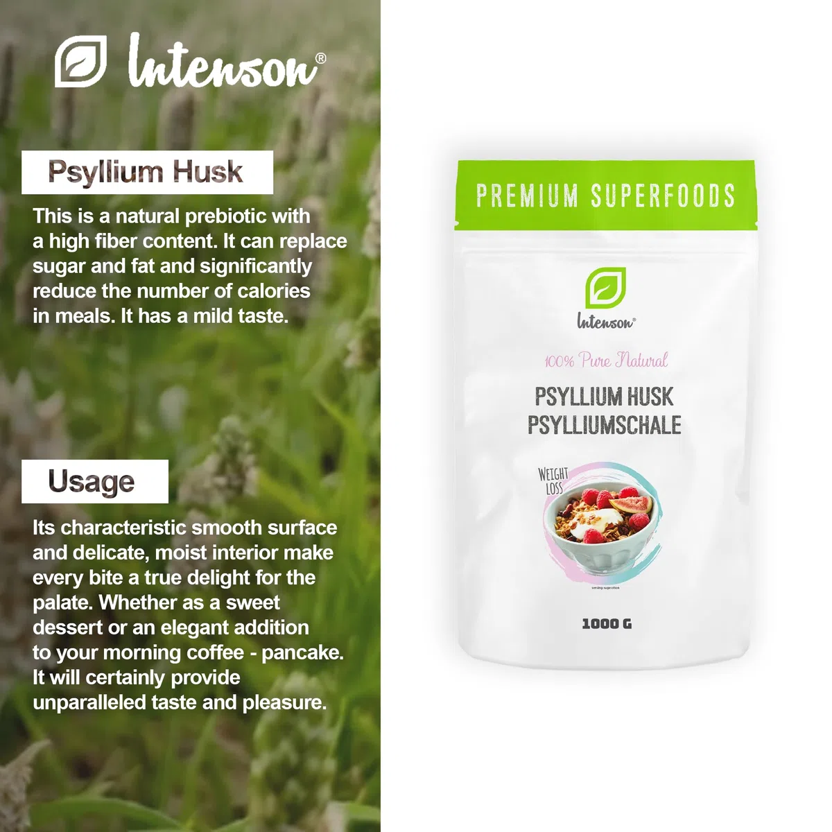 INTENSON Psyllium Husk 1 kg, Cáscara de Semilla de Psyllium Pura y Natural, Alta en Fibra, Ideal para Mezclar con Agua, Bebidas y Zumos, Apta para Vegetarianos y Veganos