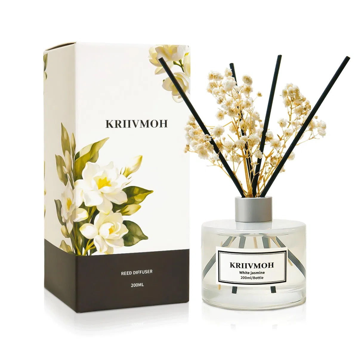 Ambientadores de Hogar difusor de Aromas 200ml Difusor de Varillas con Jazmín Blanco con 8 Varillas, Ambientador para Dormitorio, Baño, Hogar y Oficina