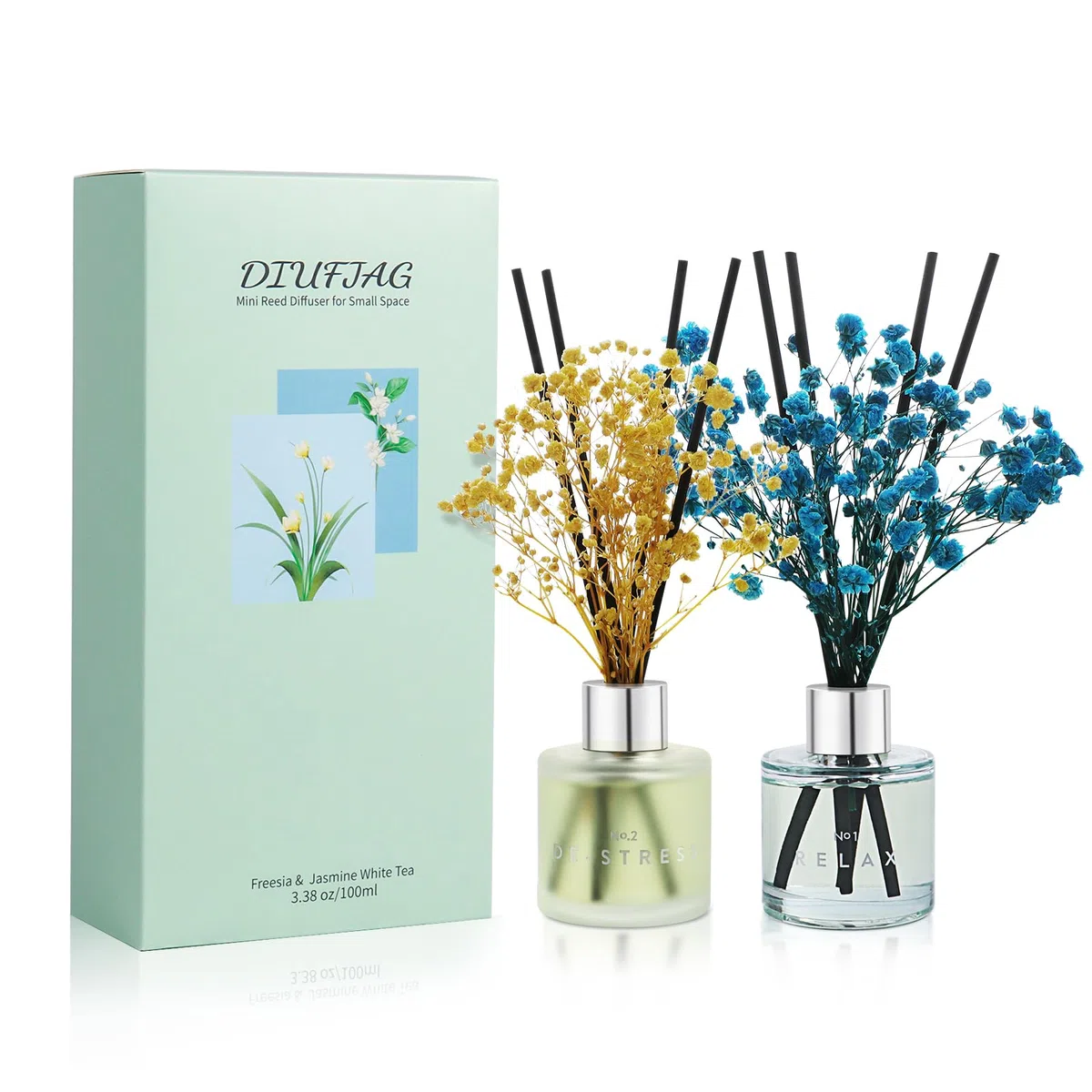 Fresia/Té Blanco de Jazmín Difusor de Aroma con 16 Varillas,Difusor de Aceites Esenciales Ambientador para Dormitorio,Oficina,Baño,Estantería 2x50ml