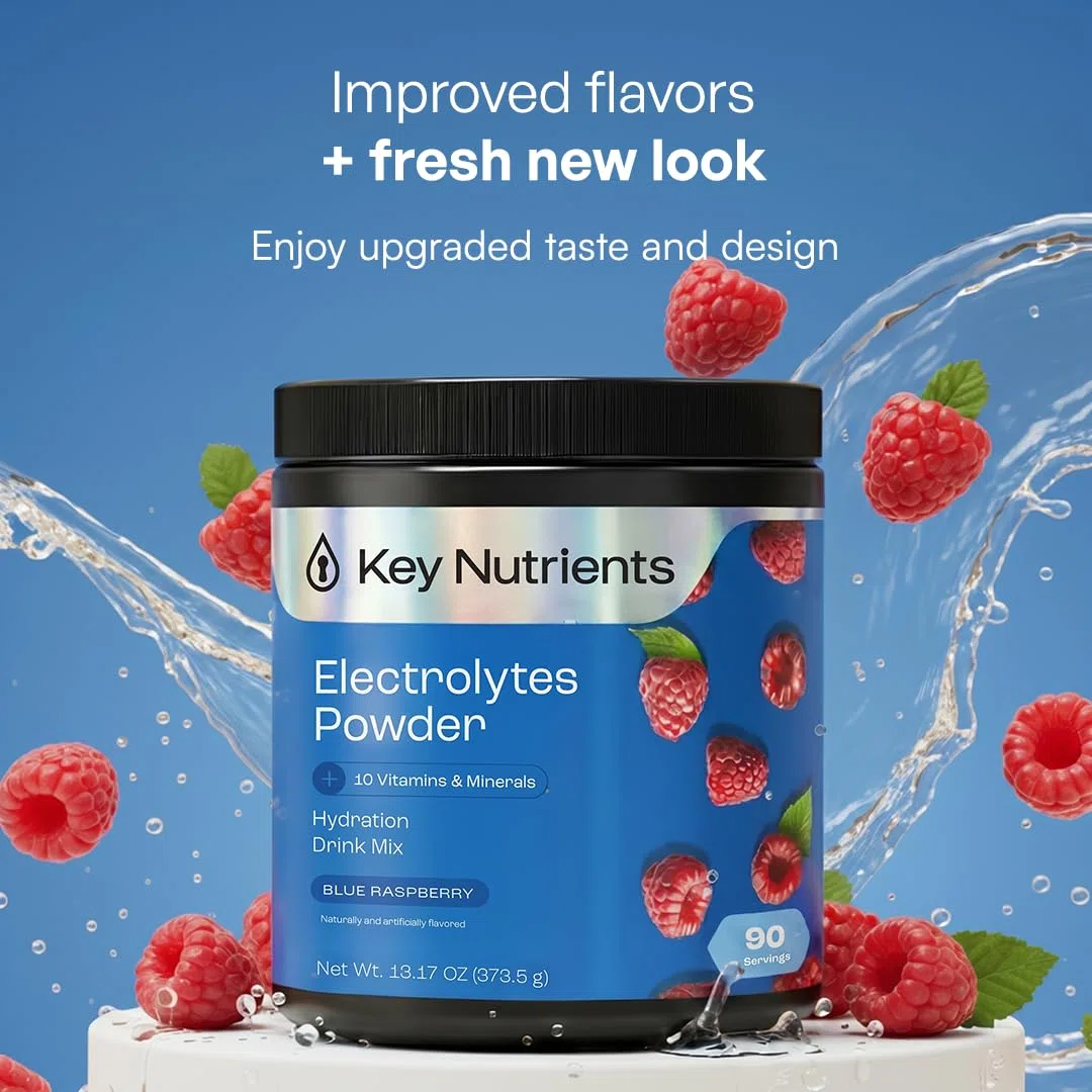 Key Nutrients Polvo de electrolito - Frambuesa azul - 90 porciones - Electrolitos sin azúcar - Keto Electrolitos Deporte: Sin Gluten Sin Azúcar - Adición: Magnesio, Potasio - Electrolitos en Polvo