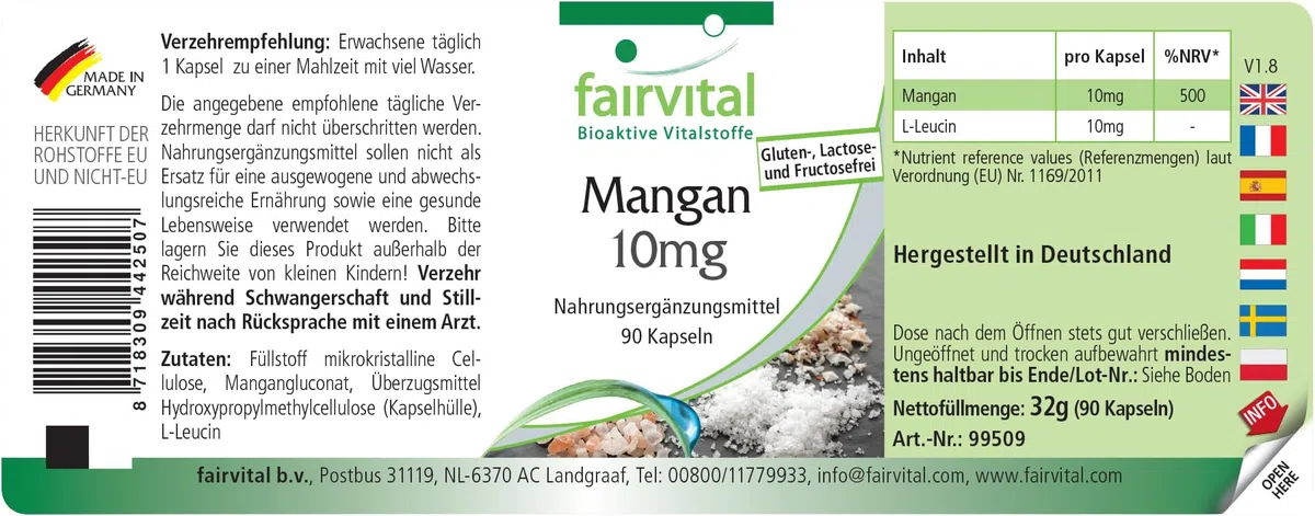 Fairvital | Manganeso 10mg - Dosis elevada - VEGANO - Oligoelemento esencial - 90 Cápsulas - Calidad Alemana