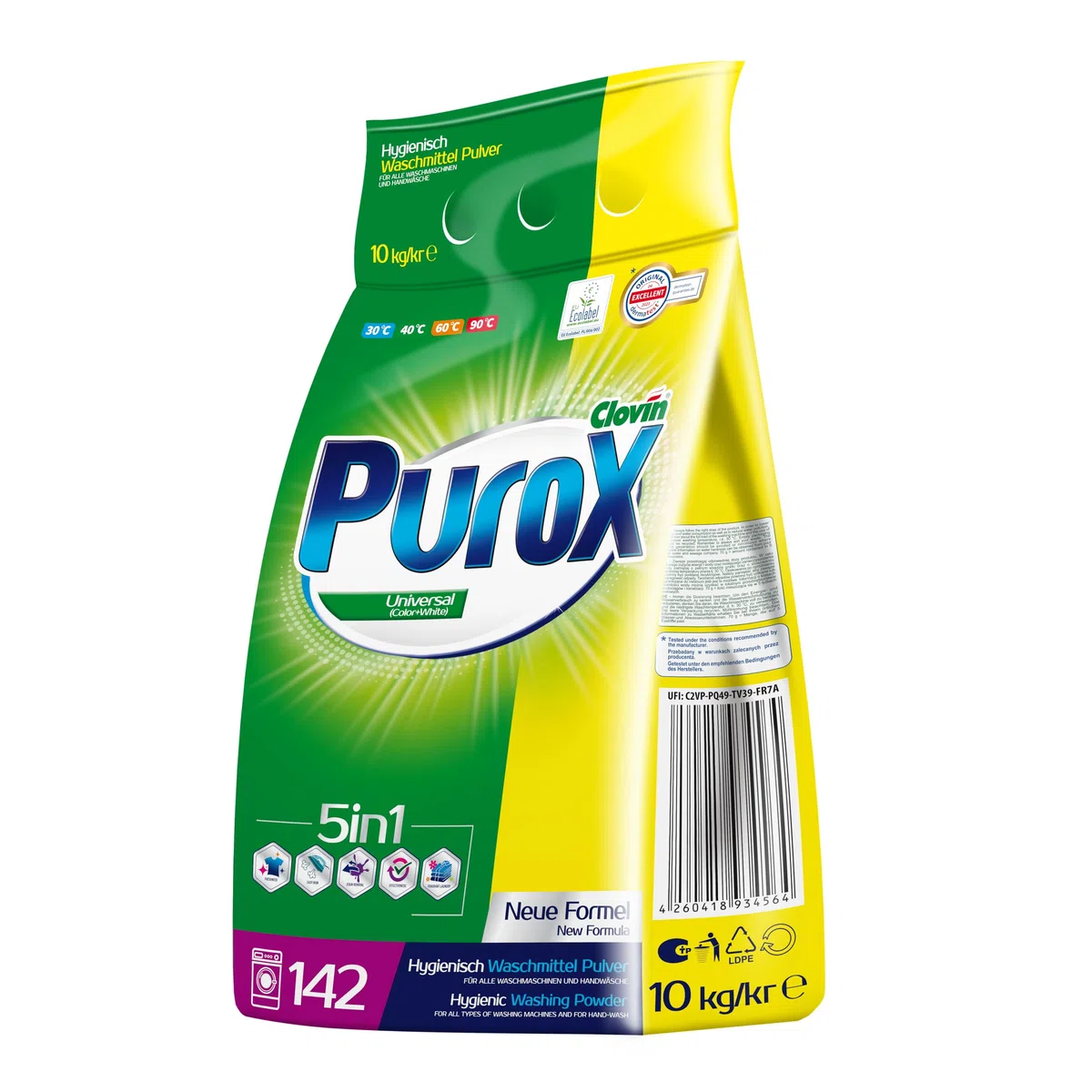 PUROX UNIVERSAL Detergente Lavadora Polvo en bolsa (142 Lavados) – para todo tipo de tejidos, elimina manchas, ecológico, protege contra la cal, 10 kg