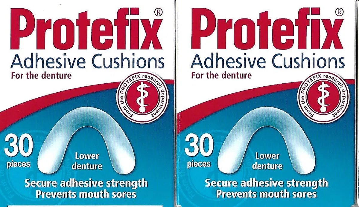 Protefix Almohadillas adhesivas para prótesis dental inferior - 2x30 unidades - Caja ligeramente dañada, almohadillas 100% en buen estado.
