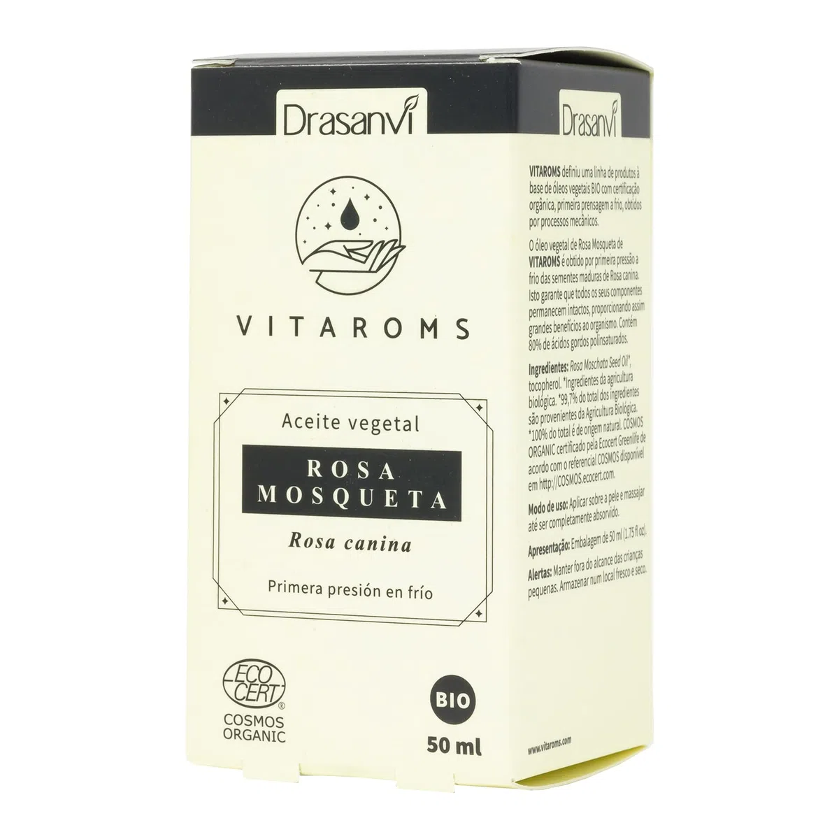 Drasanvi VITAROMS ACEITE VEGETAL ROSA MOSQUETA CERTIFICADO BIO ECOCERT - Primera presión en frío - Estimula la regeneración natural de la piel - VEGANO - SIN GLUTEN - 50 ml