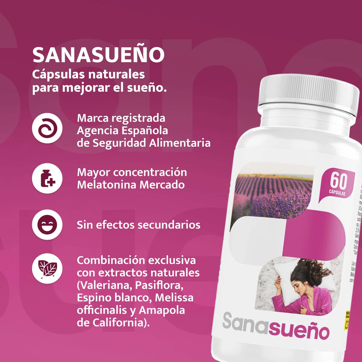 Melatonina 1,9 mg con Valeriana,Pasiflora,Espino Blanco,Melisa y Amapola de California|Suplemento para Dormir-Favorece el Descanso -Acción Rápida| 60 Cápsulas Veganas | Sin Gluten ni Lactosa-SANACAPS