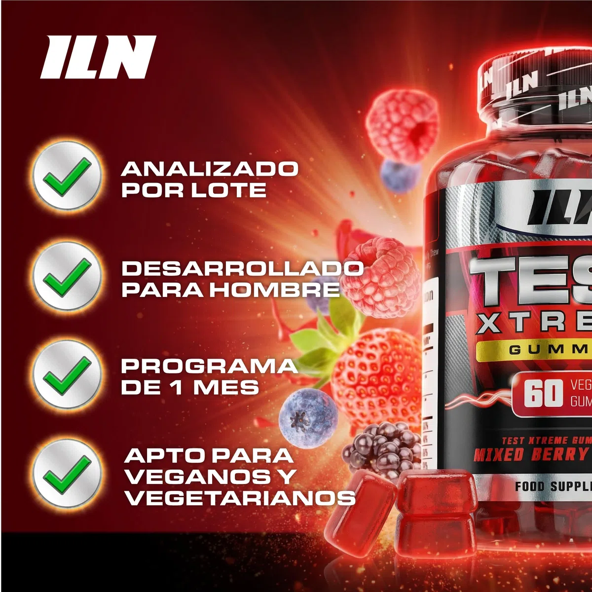 Test Xtreme Gominolas para hombre - fórmula alta potencia con maca, ginseng y zinc - sin azúcar, sabor frutos del bosque - 60 gominolas veganas