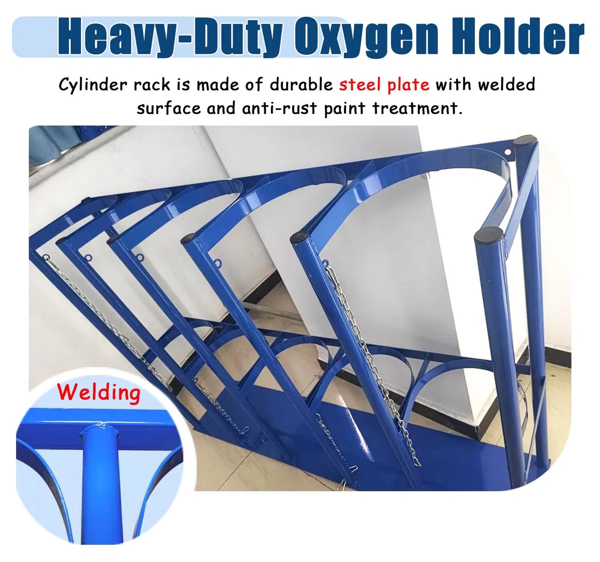 Soporte de tanque de oxígeno resistente, estante de cilindro de gas de acero de 40 L con cadena de seguridad, soporte de botella de soldadura comercial para hospital, ajustable de 27 a 96 cm de ancho