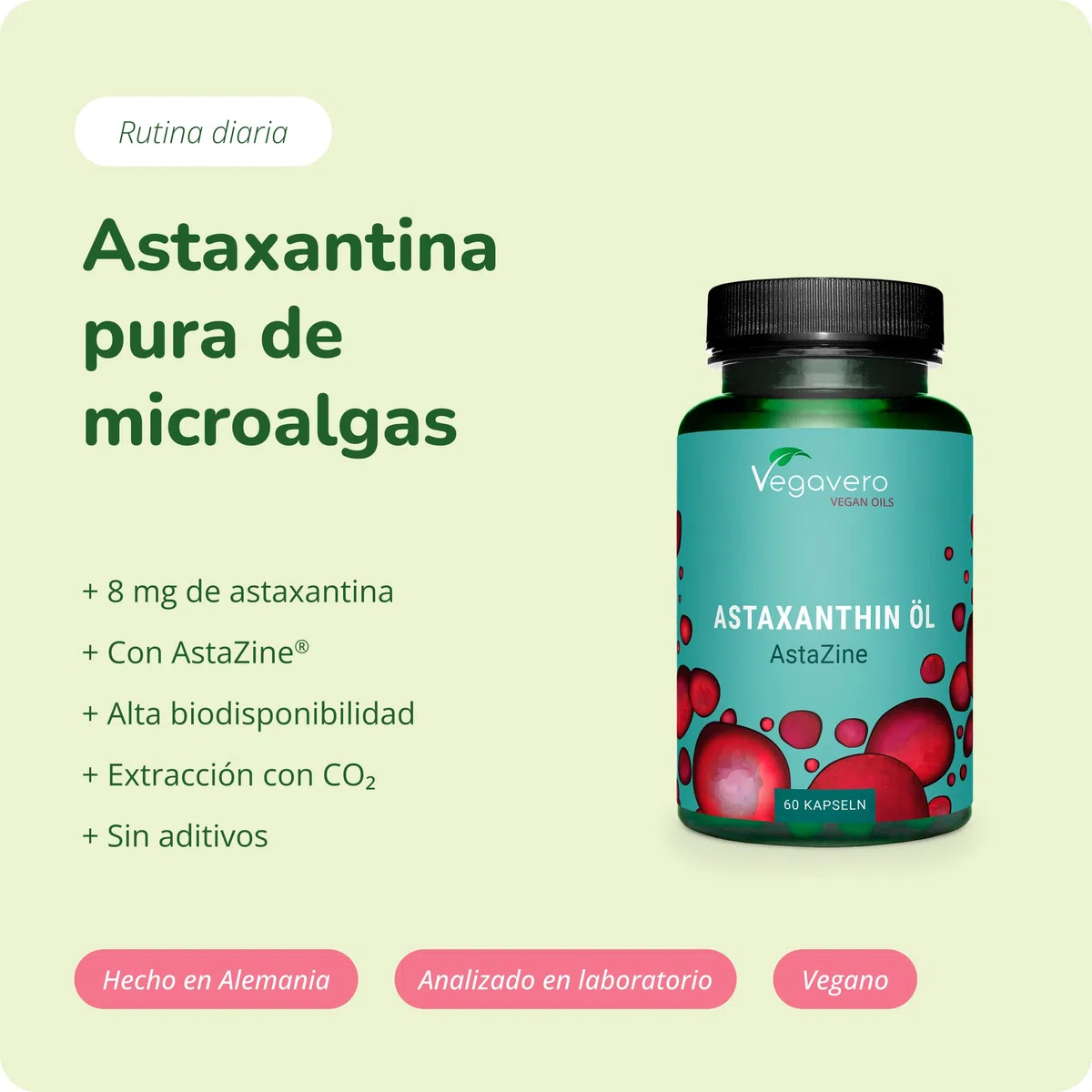 Astaxantina Pura Vegavero | 8 mg en Aceite (AstaZine) | 100% NATURAL | Sistema Inmune + Protector Solar + Antioxidante | Sin Aditivos | Vegano | 60 Cápsulas Sin Gelatina