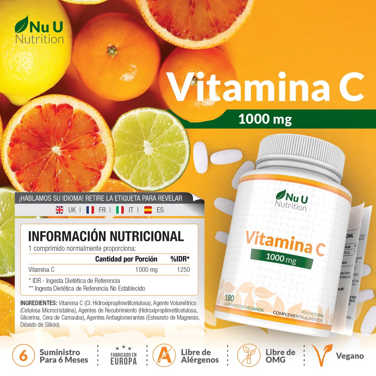 Vitamina C Pura 1000 mg - 180 Comprimidos Veganos - Suministro para 6 Meses - Fabricada en Europa - Nu U Nutrition