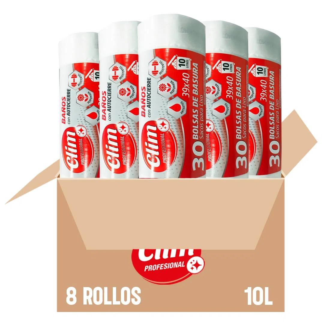 Clim Profesional 240 Bolsas de Basura para Papelera de Baño o Pequeña. 8 Rollos de 30 Bolsas 10L Blancas Extra Resistentes, muy Perfumadas y con Sistema Autocierre