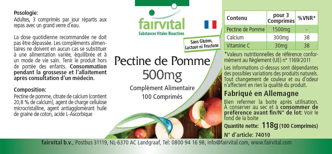 fairvital Pectina de manzana 500mg comprimidos, 100 comprimidos, con fibra soluble, calcio y vitamina C, VEGANO