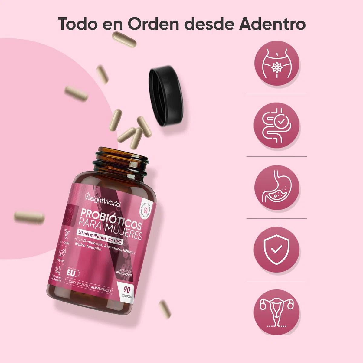 Probióticos Mujer Flora Íntima - 30 Mil Millones de UFC - Con Prebiótico de Inulina, Arándano Rojo, D Manosa y Extractos Botánicos para la Armonía Femenina - Vegano, Sin OGM