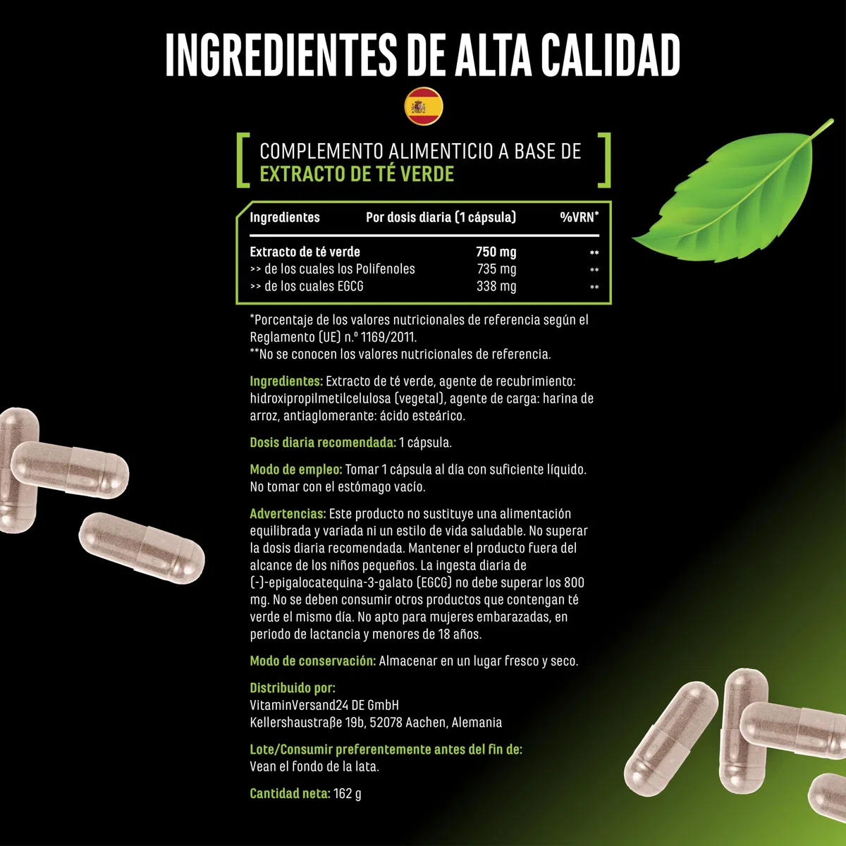 Extracto de Té Verde - 180 cápsulas - Dosis extra alta con 750mg de extracto de té verde por cápsula - 95% polifenoles & 45% EGCG - Té verde sin aditivos indeseados - Vegano
