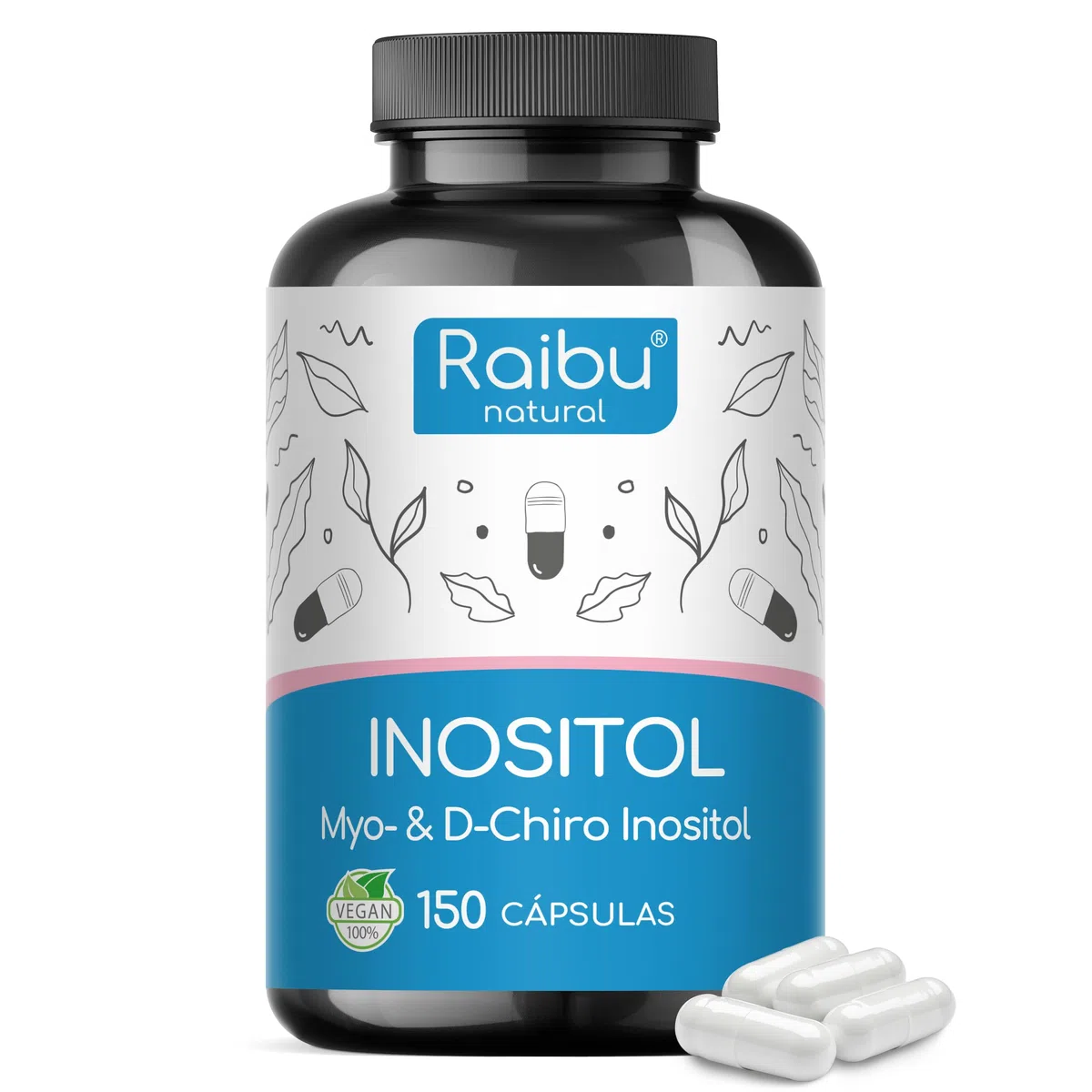Inositol Raibu, Myo Inositol & D-Chiro - 150 Cápsulas, 2120mg por Dosis Diaria - Para PCOS, Equilibrio Hormonal, Con Vitamina B6, Ácido Fólico y Cromo - Vegano y Sin Aditivos