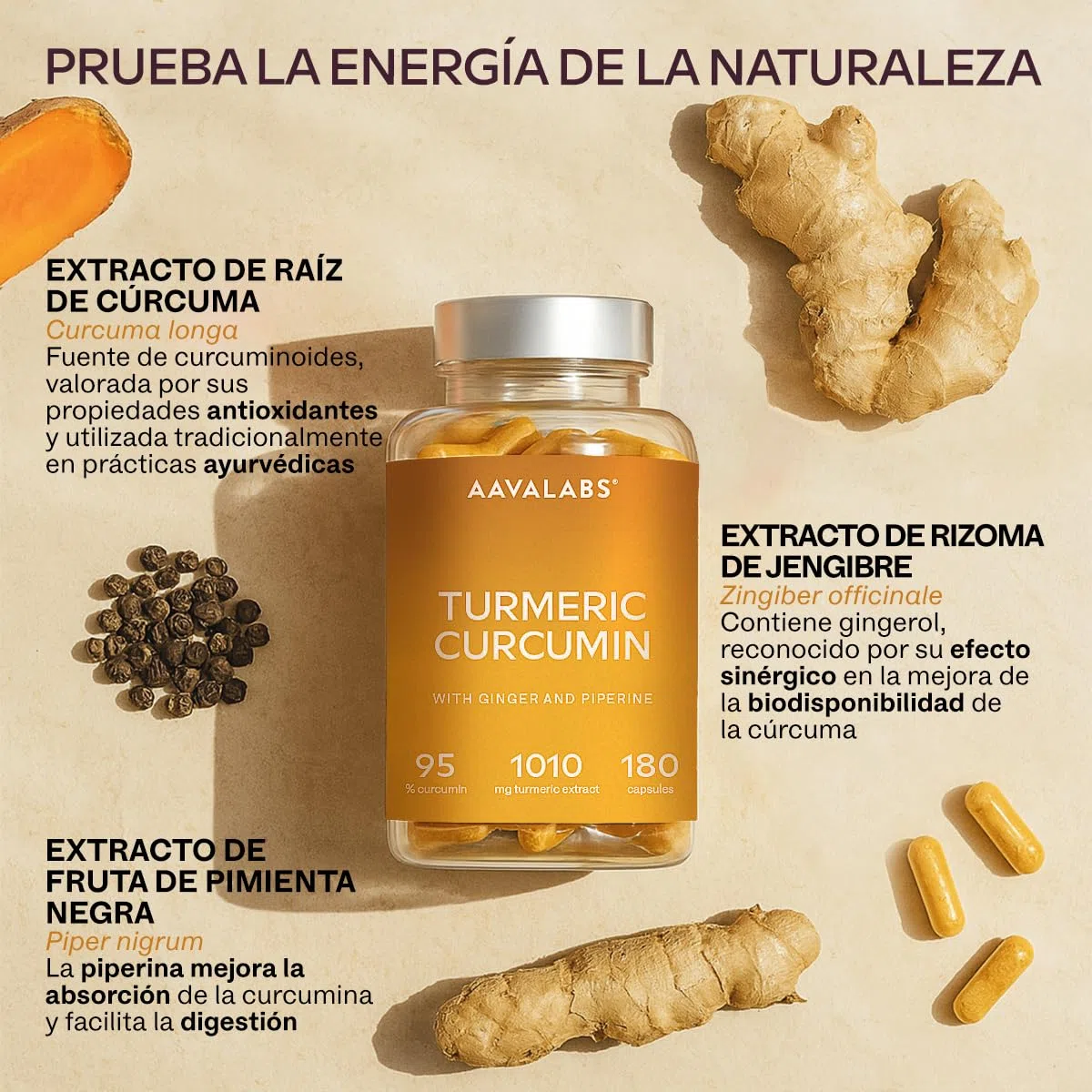 Curcuma con Jengibre y Pimienta Negra - 95% Curcumina - 180 Capsulas - 2 Curcuma con Pimienta Negra y Jengibre en Capsulas al día - 100% Veganas Turmeric