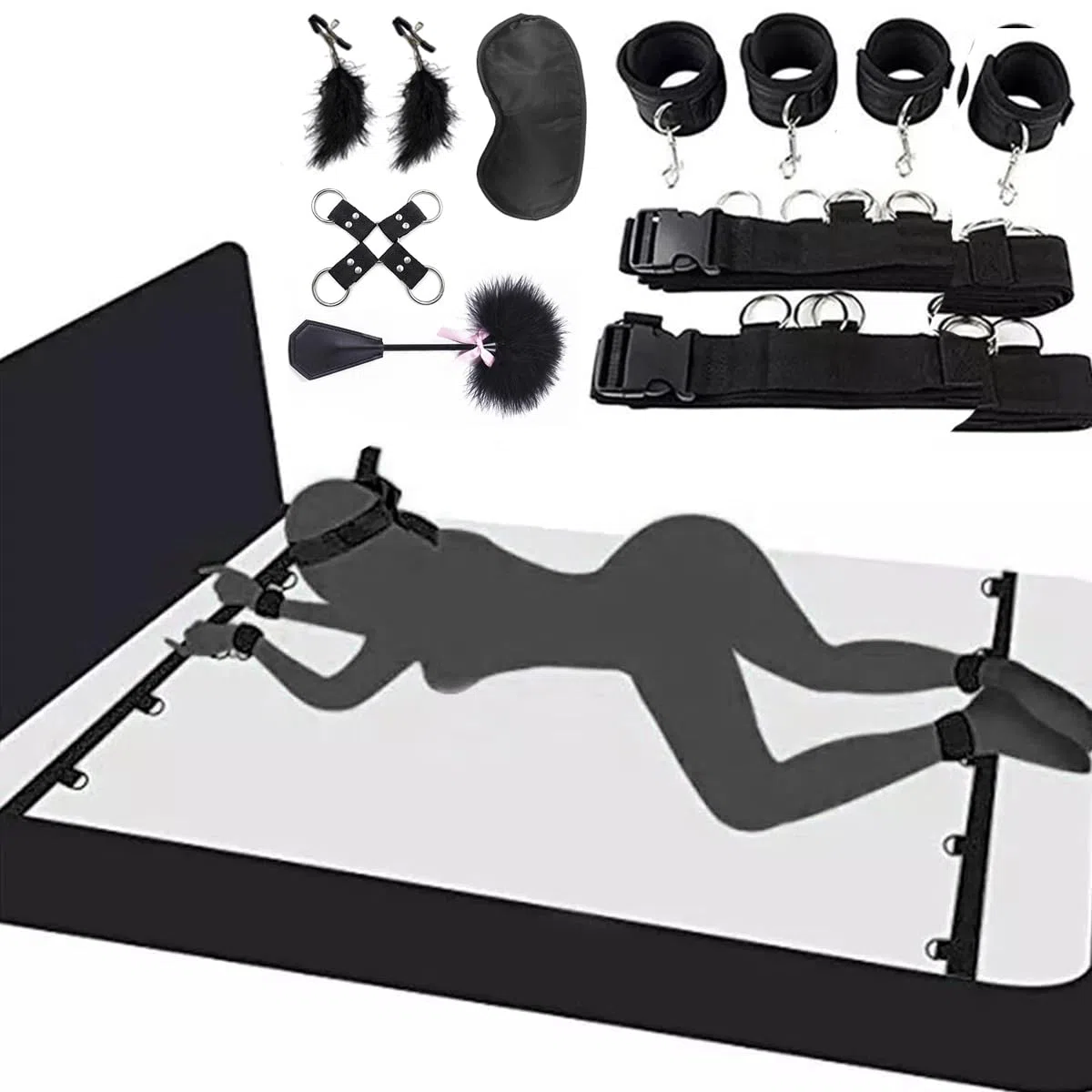 SM Bondage Kit 7 piezas,Vendas de ojos con Látigo Pluma Esposas Cadenas Tobillos Pezones Succionador Pezón Juguetes Sexuales Fetiche Juego Coqueteo para sujetar a la cama